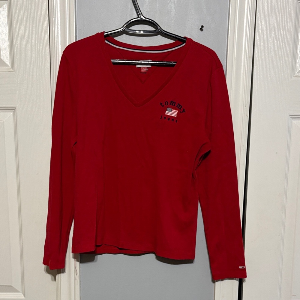 Tommy Hilfiger Red V-Neck Long Sleeve Shirt